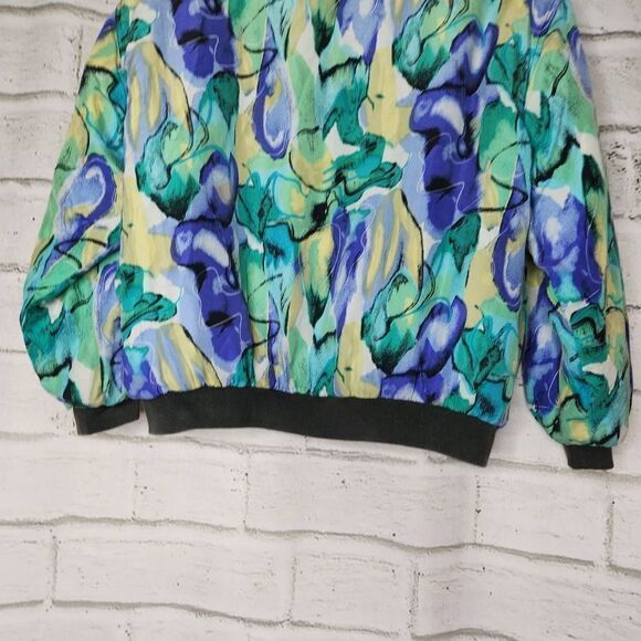 Silk World Abstract Graphic Pattern Ribbed Trim Bomber Jacket Blue Green Large - Picture 10 of 12